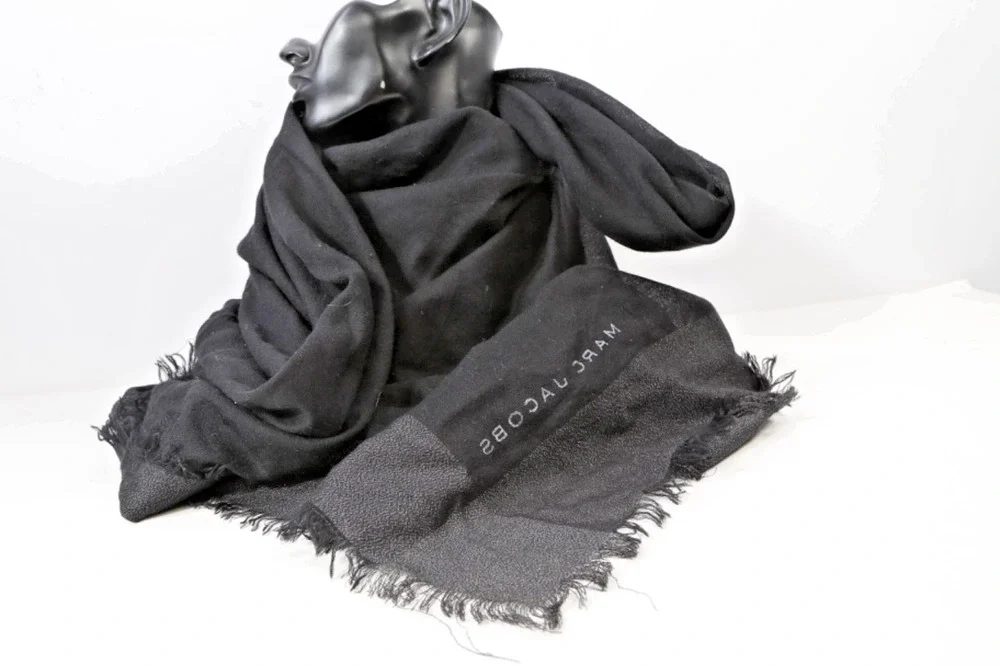 Marc Jacobs Black Logo Fringed Large Wrap Scarf Shawl Lightweight 60 x 48